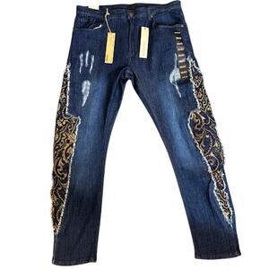 Reason Brand Embroidered Skinny Jeans Blue Distressed Mens 38x32 NWT $59 MSRP